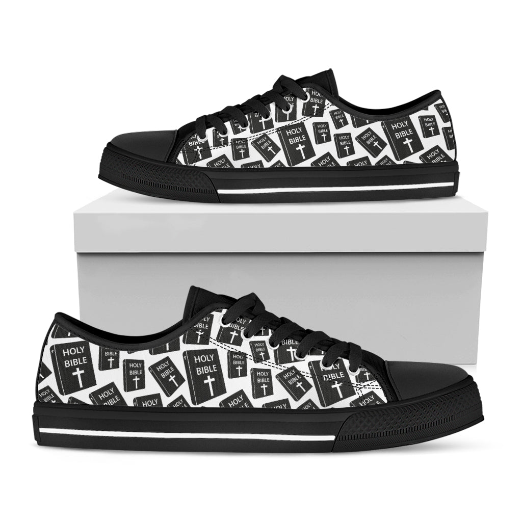 Black And White Holy Bible Pattern Print Black Low Top Sneakers