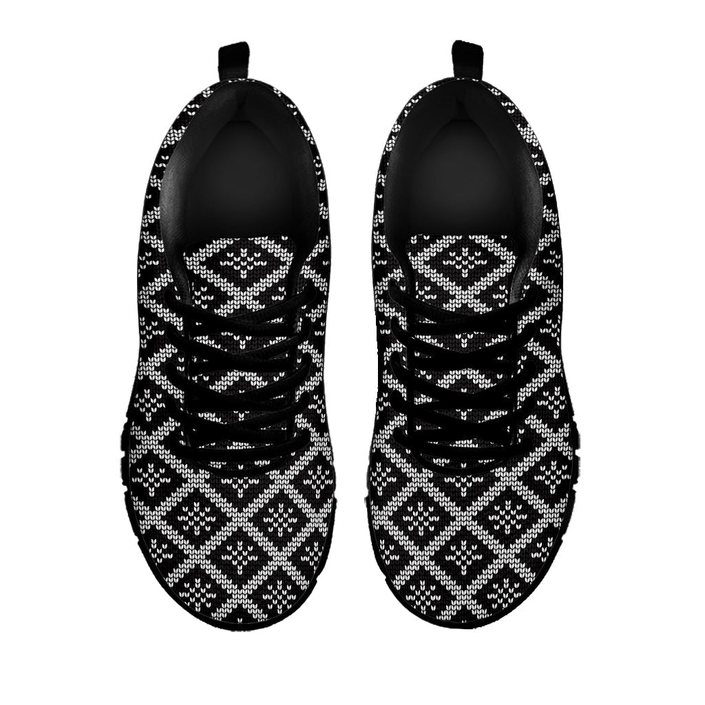 Black And White Knitted Pattern Print Black Running Shoes