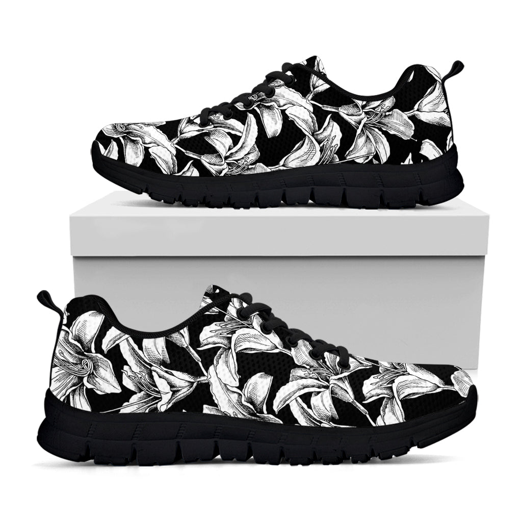Black And White Lily Pattern Print Black Running Shoes