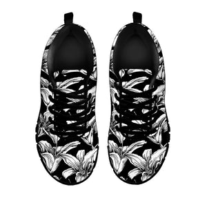 Black And White Lily Pattern Print Black Running Shoes