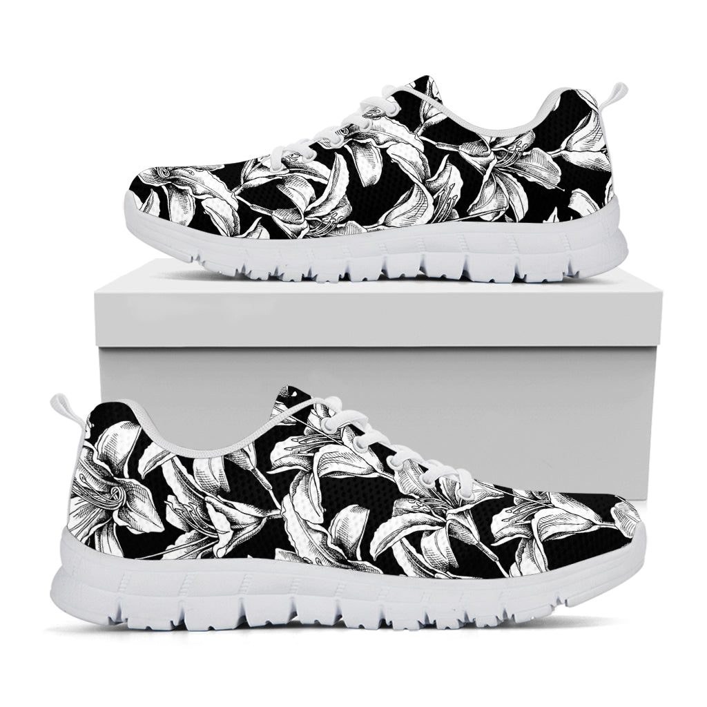 Black And White Lily Pattern Print White Running Shoes