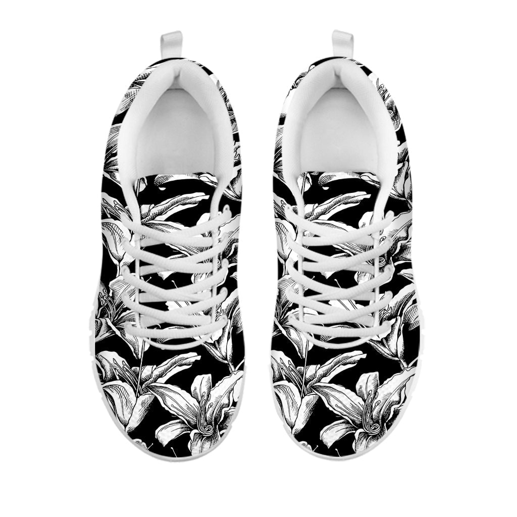 Black And White Lily Pattern Print White Running Shoes