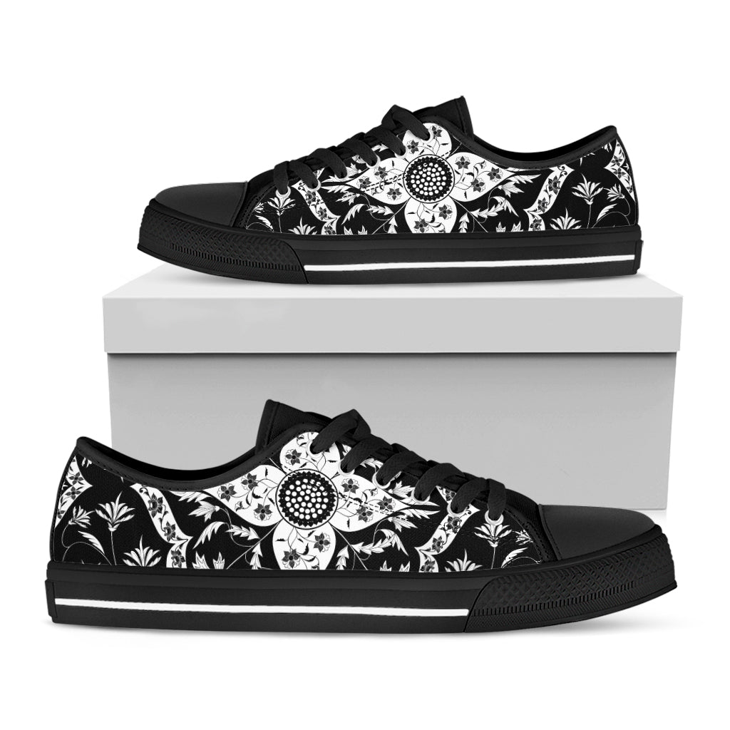 Black And White Lotus Mandala Print Black Low Top Sneakers