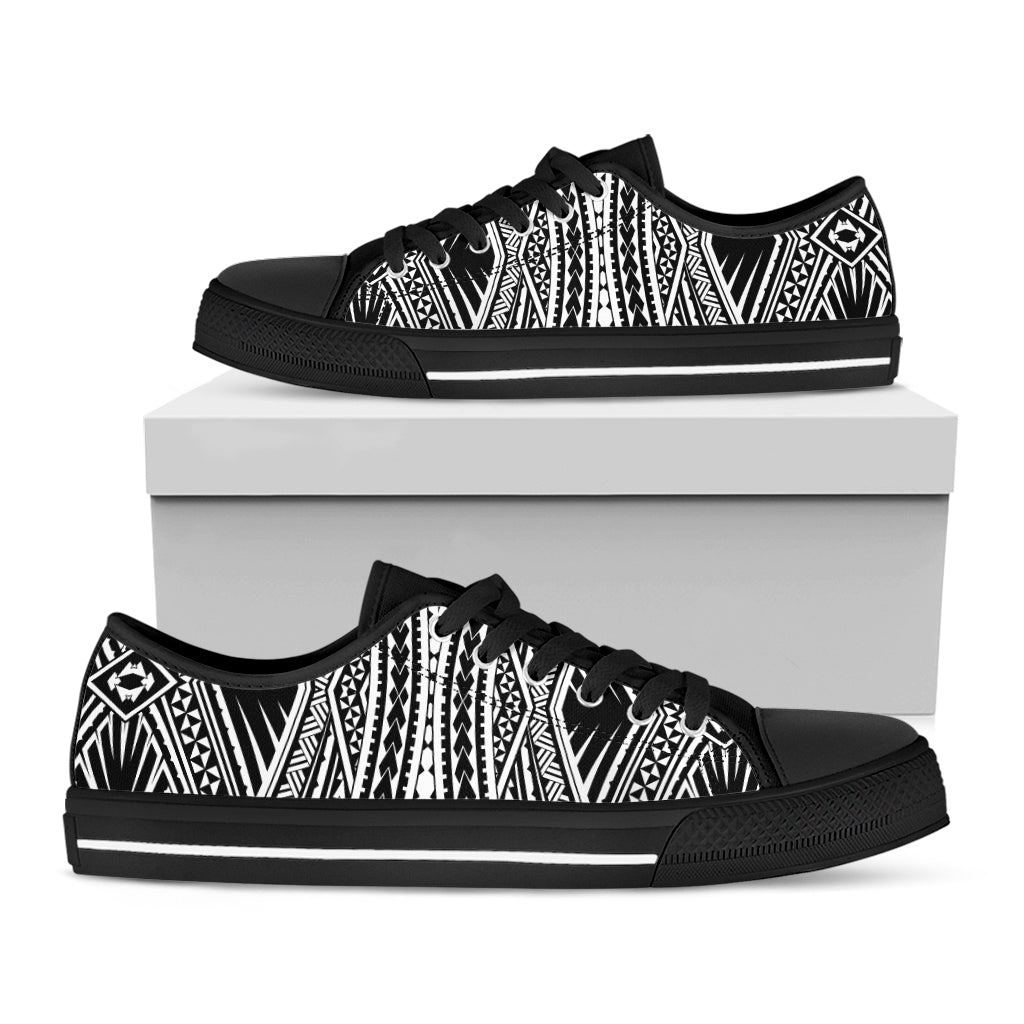 Black And White Maori Tattoo Print Black Low Top Sneakers