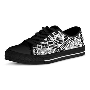 Black And White Maori Tribal Print Black Low Top Sneakers