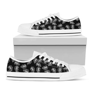 Black And White Monstera Pattern Print White Low Top Sneakers