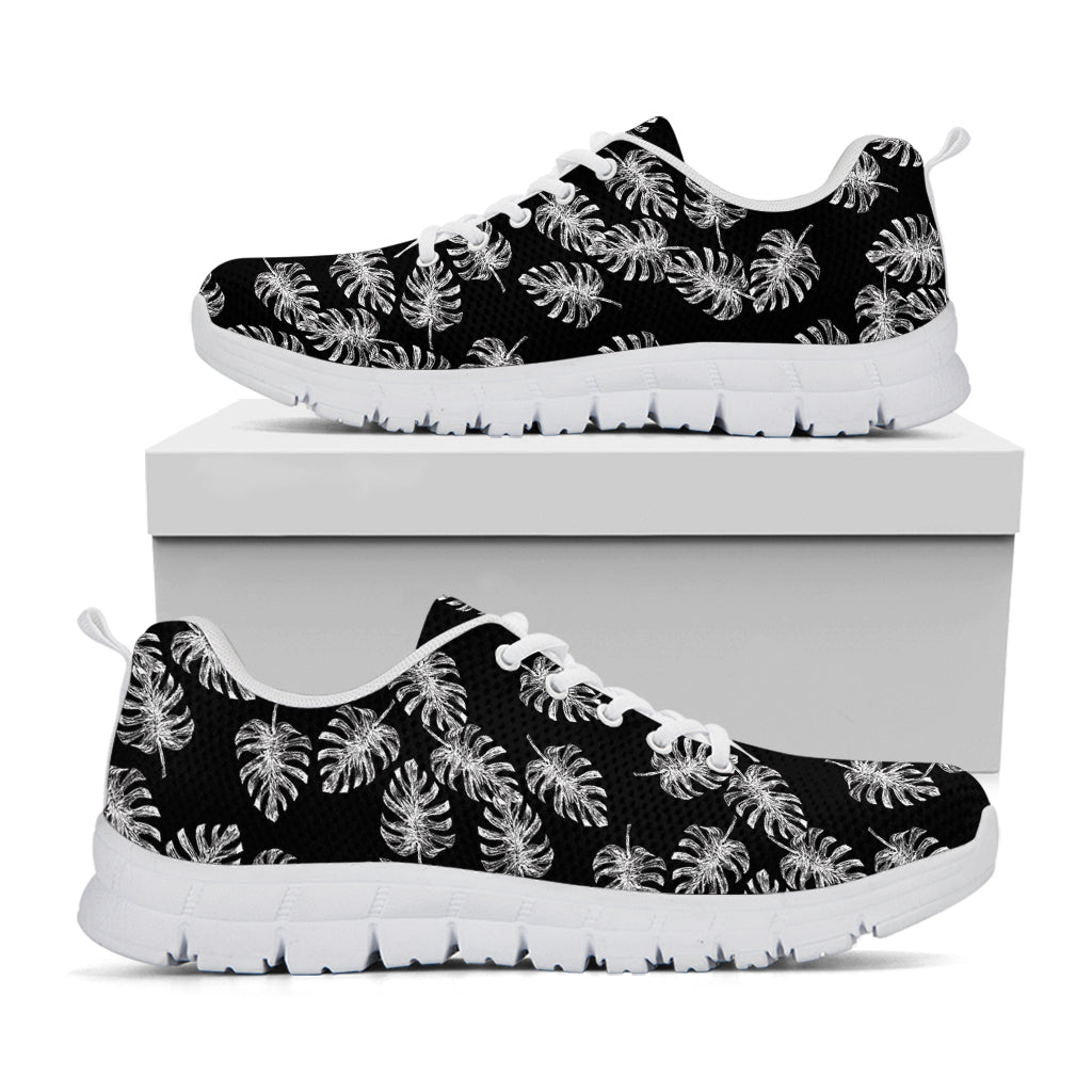 Black And White Monstera Pattern Print White Running Shoes