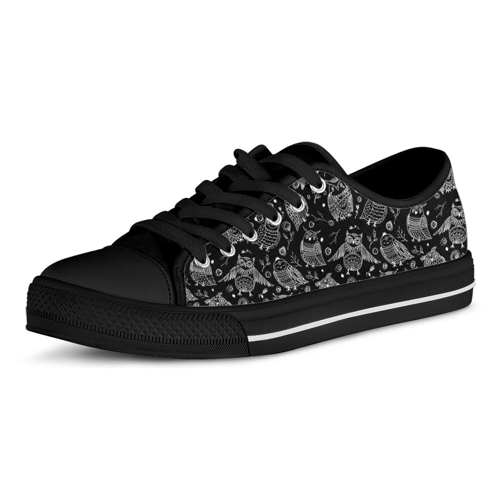 Black And White Owl Pattern Print Black Low Top Sneakers