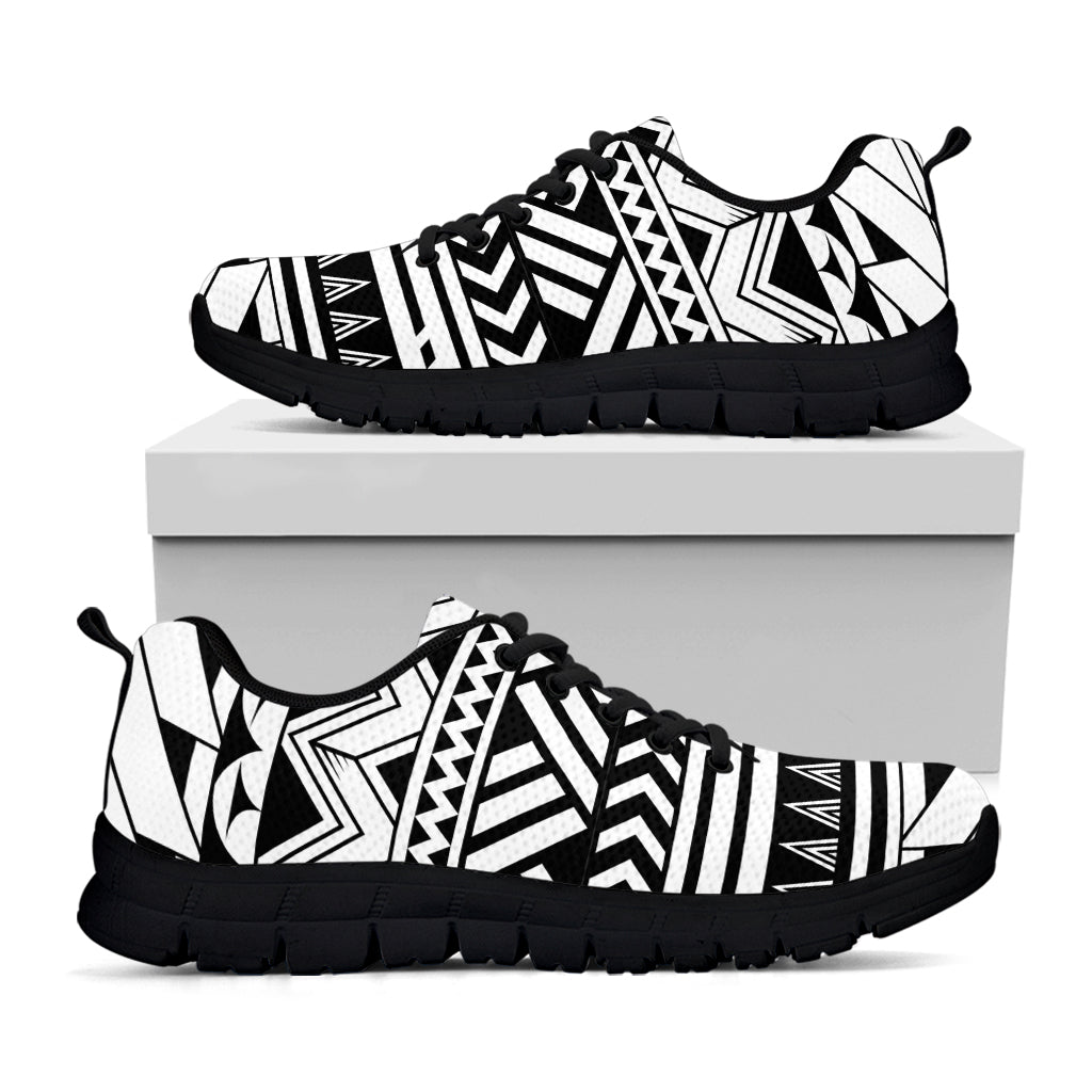 Black And White Polynesian Pattern Print Black Running Shoes