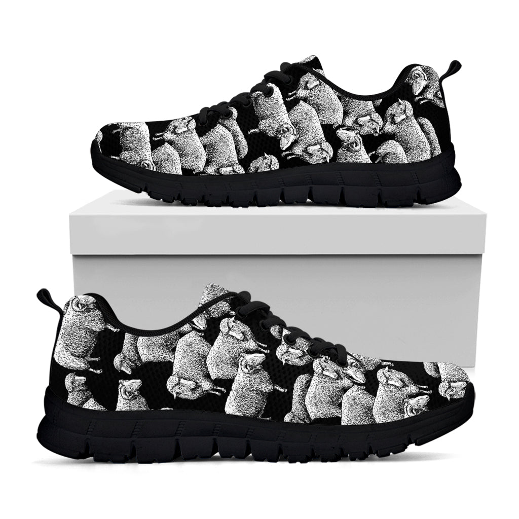 Black And White Sheep Pattern Print Black Running Shoes