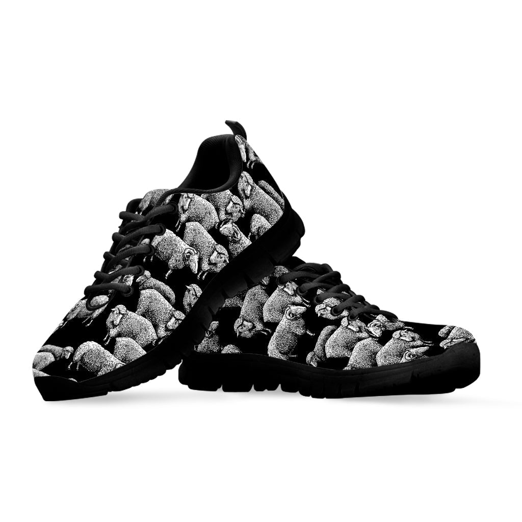 Black And White Sheep Pattern Print Black Running Shoes