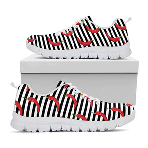 Black And White Striped Chili Print White Running Shoes