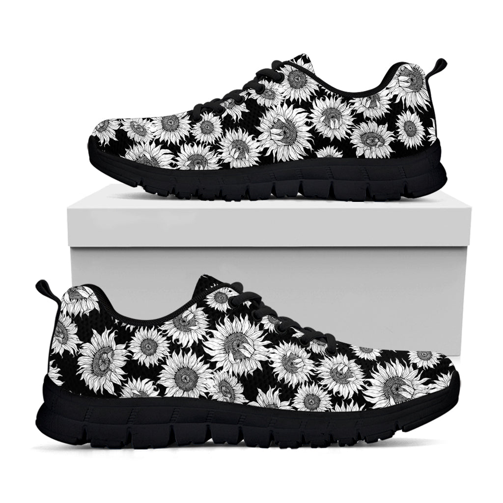Black And White Sunflower Pattern Print Black Running Shoes