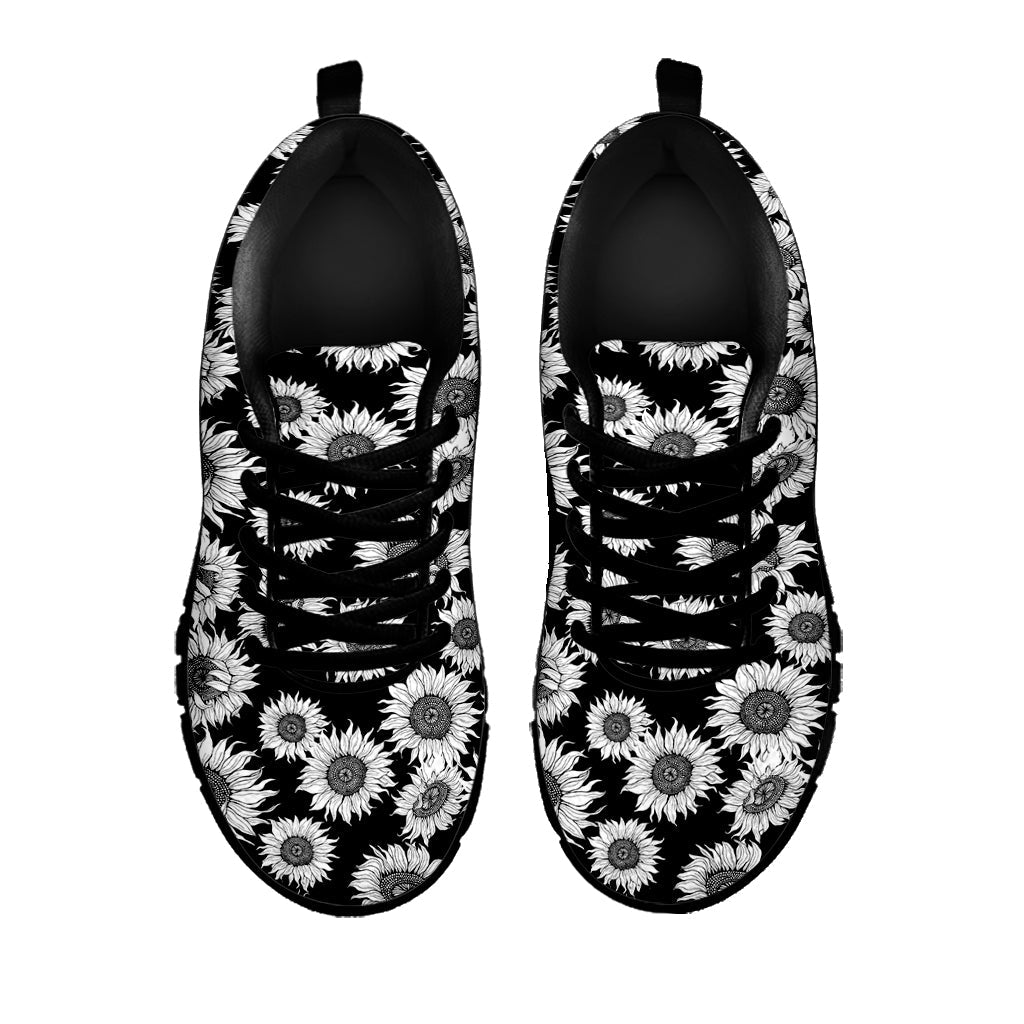 Black And White Sunflower Pattern Print Black Running Shoes