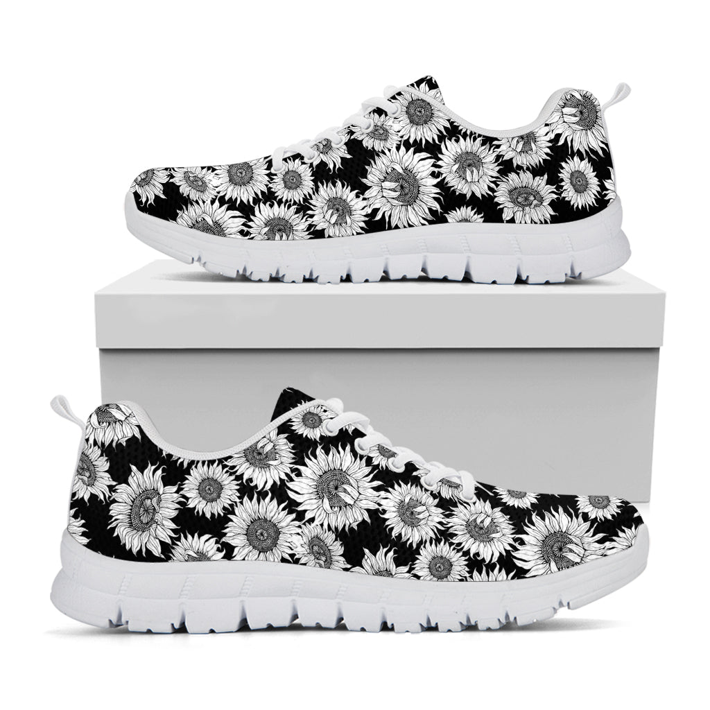 Black And White Sunflower Pattern Print White Running Shoes
