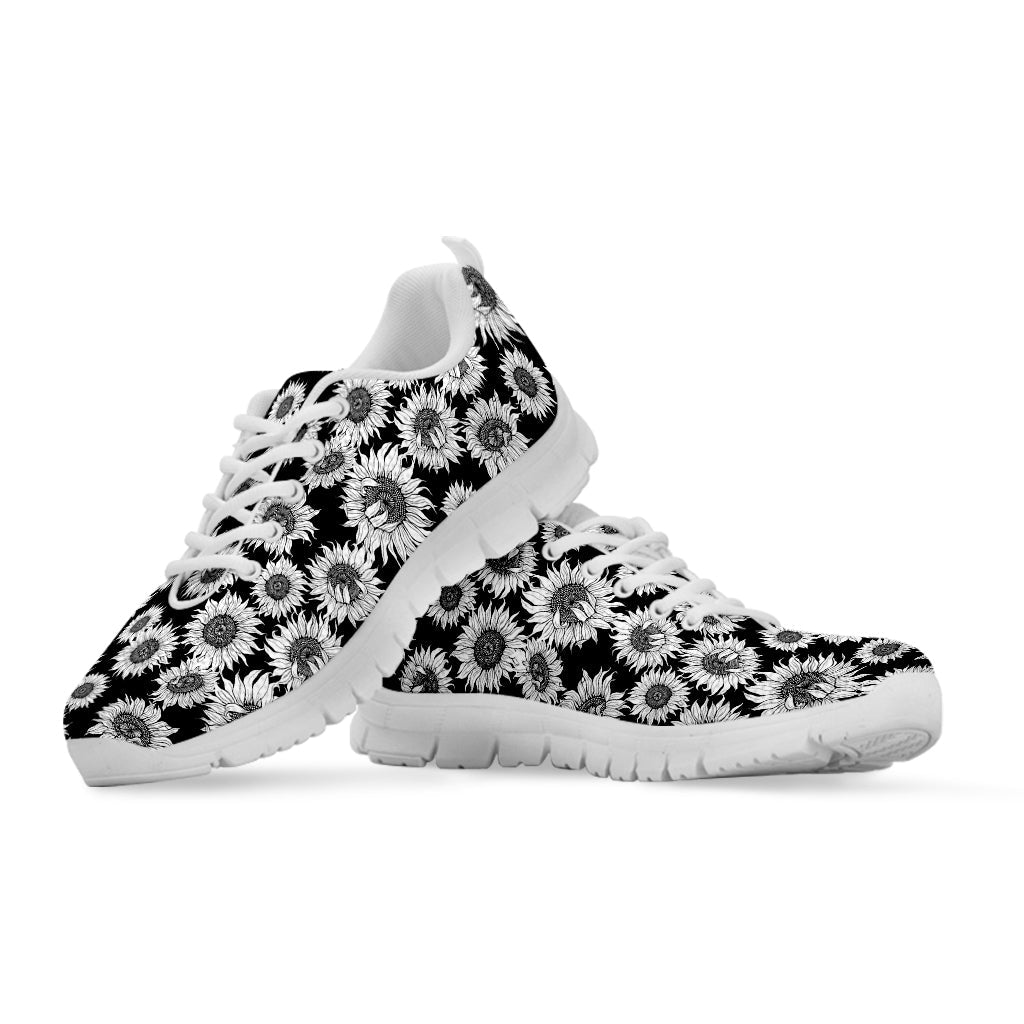 Black And White Sunflower Pattern Print White Running Shoes