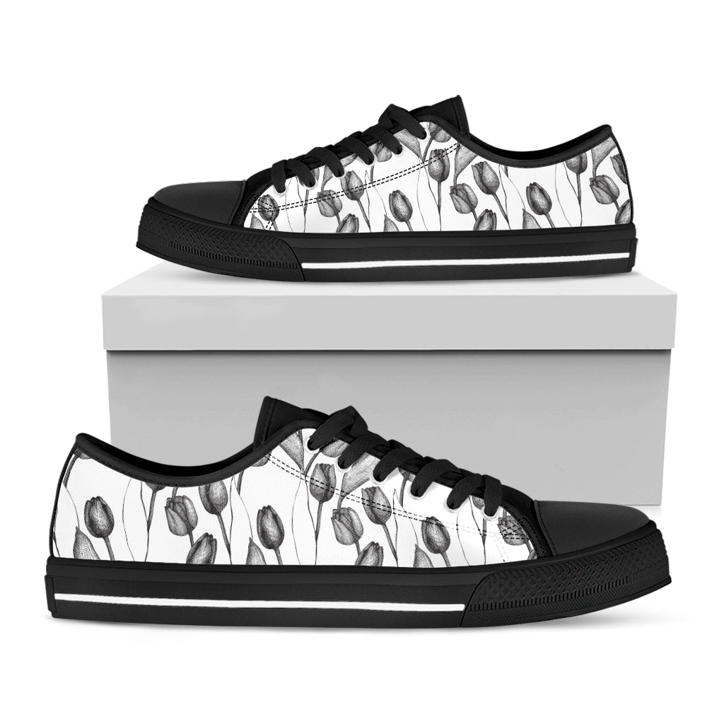 Black And White Tulip Pattern Print Black Low Top Sneakers