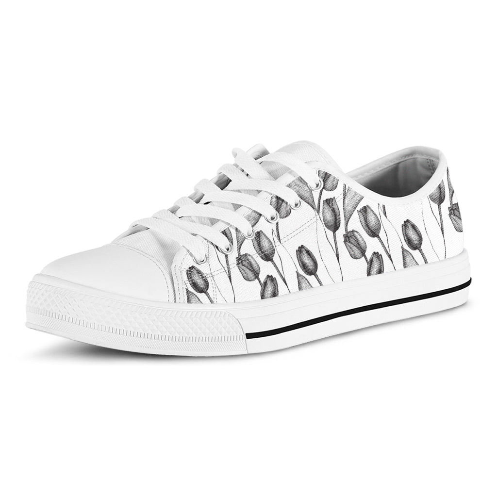Black And White Tulip Pattern Print White Low Top Sneakers