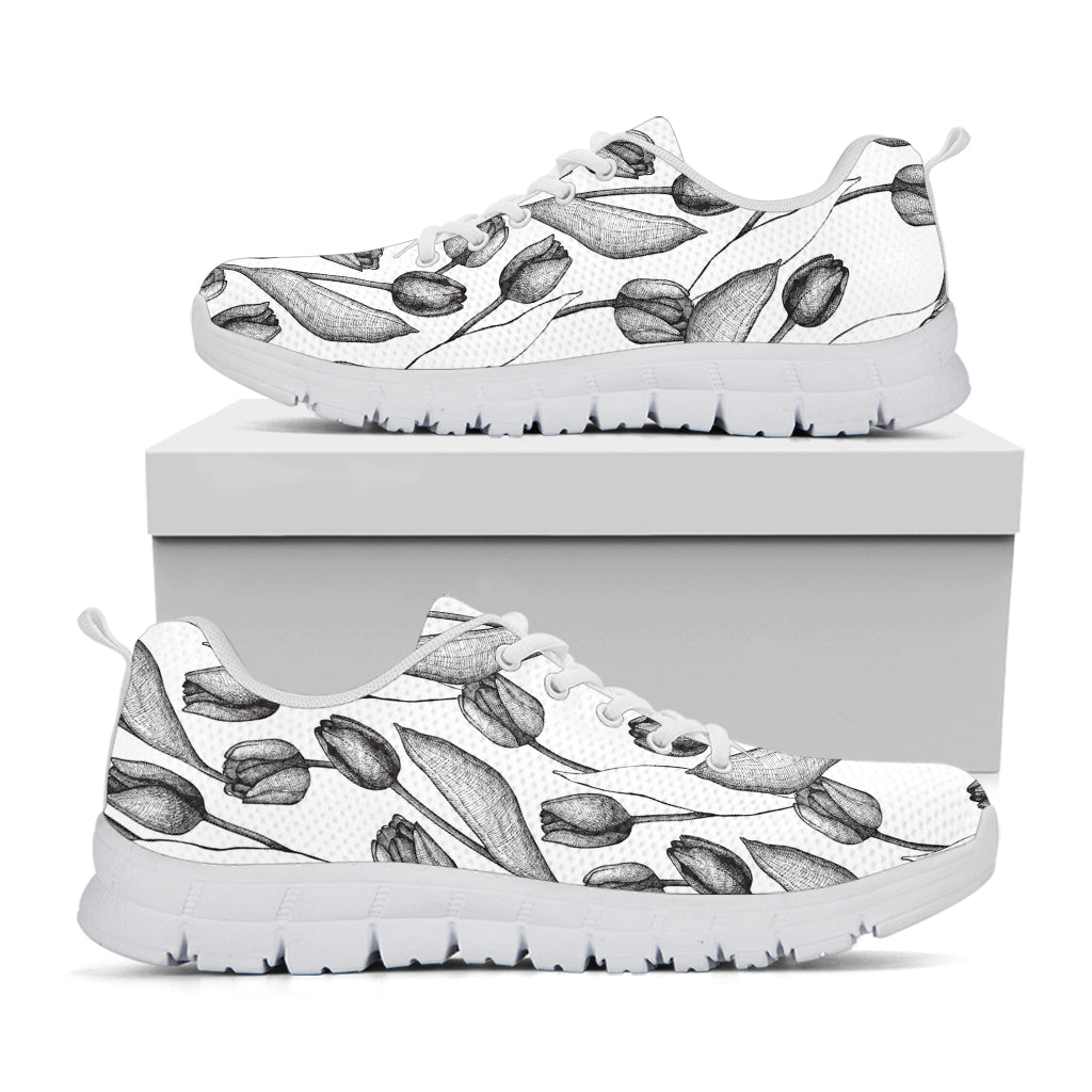 Black And White Tulip Pattern Print White Running Shoes
