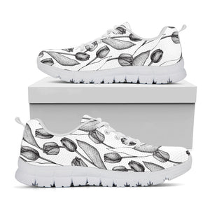 Black And White Tulip Pattern Print White Running Shoes