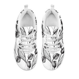 Black And White Tulip Pattern Print White Running Shoes