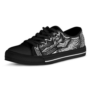 Black And White Viking God Odin Print Black Low Top Sneakers