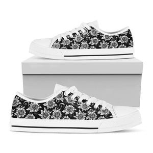 Black And White Vintage Sunflower Print White Low Top Sneakers