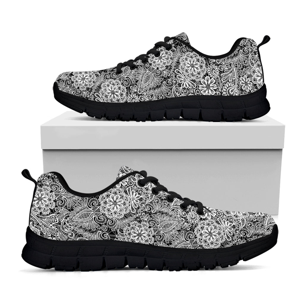 Black And White Western Flower Print Black Running Shoes