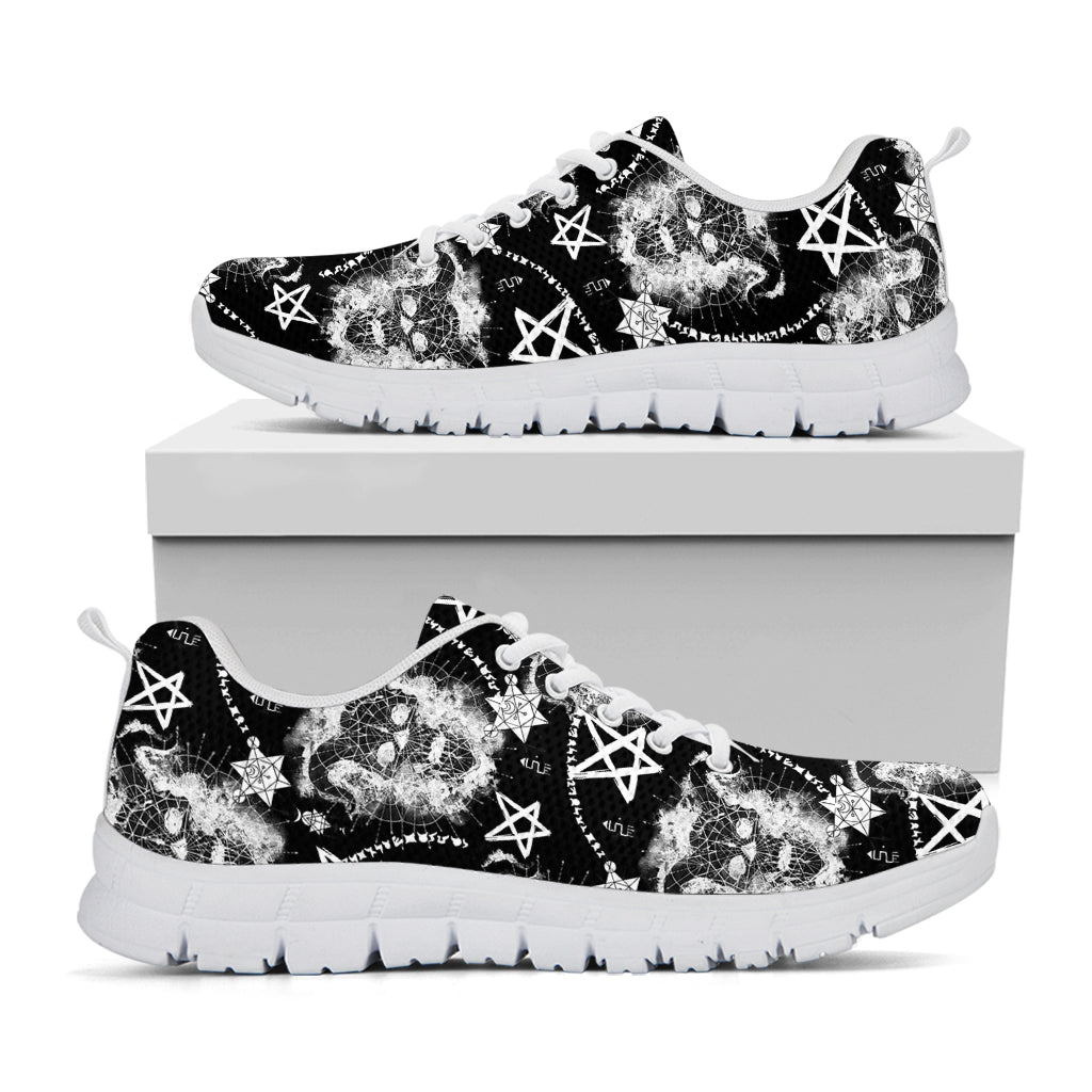 Black And White Wicca Devil Skull Print White Running Shoes