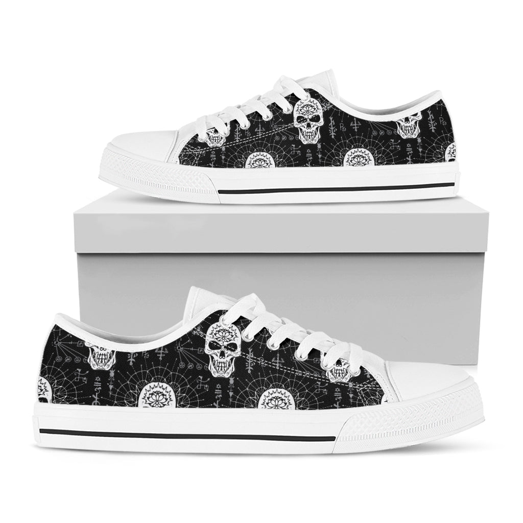 Black And White Wicca Evil Skull Print White Low Top Sneakers
