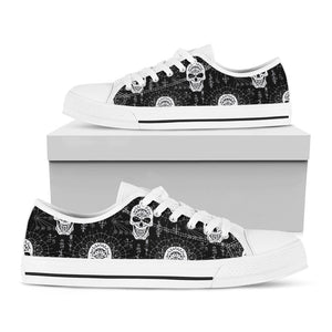 Black And White Wicca Evil Skull Print White Low Top Sneakers