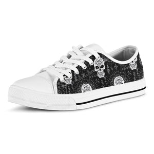 Black And White Wicca Evil Skull Print White Low Top Sneakers