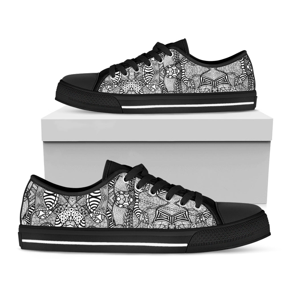 Black And White Zentangle Pattern Print Black Low Top Sneakers