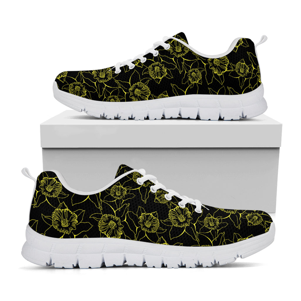 Black And Yellow Daffodil Pattern Print White Running Shoes