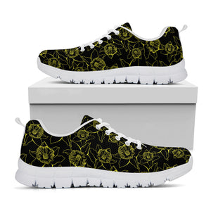 Black And Yellow Daffodil Pattern Print White Running Shoes