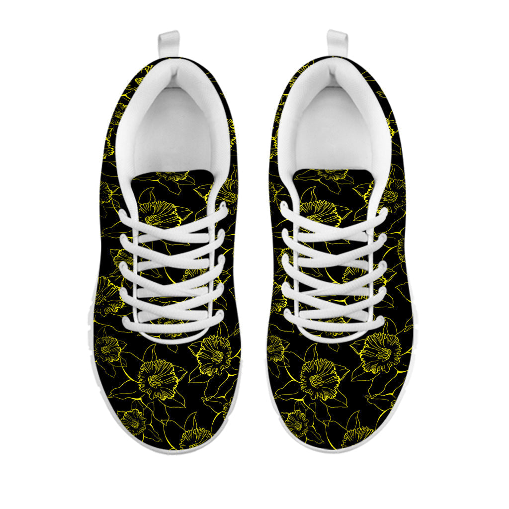 Black And Yellow Daffodil Pattern Print White Running Shoes