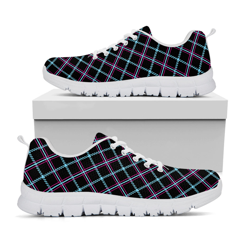 Black Blue And Pink Tartan Pattern Print White Running Shoes