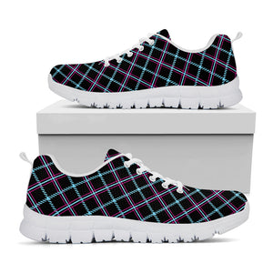 Black Blue And Pink Tartan Pattern Print White Running Shoes