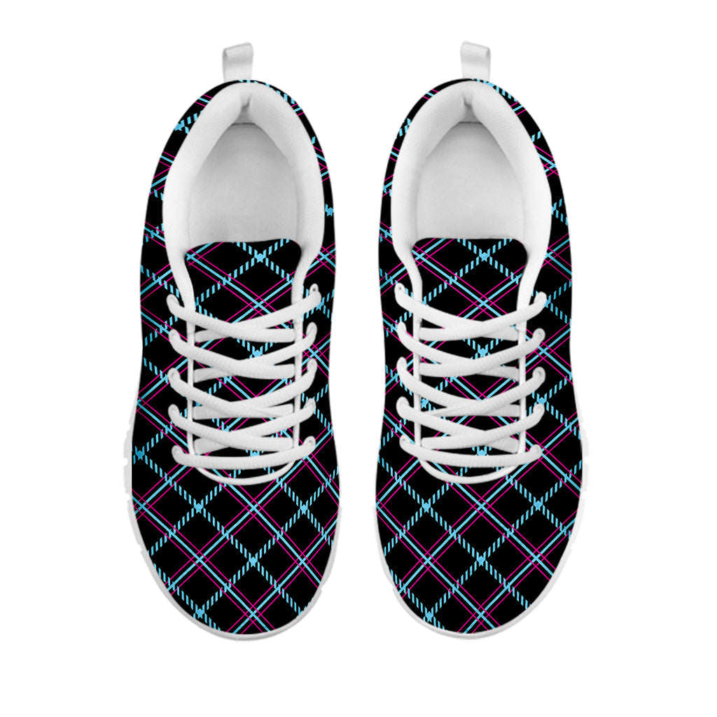 Black Blue And Pink Tartan Pattern Print White Running Shoes