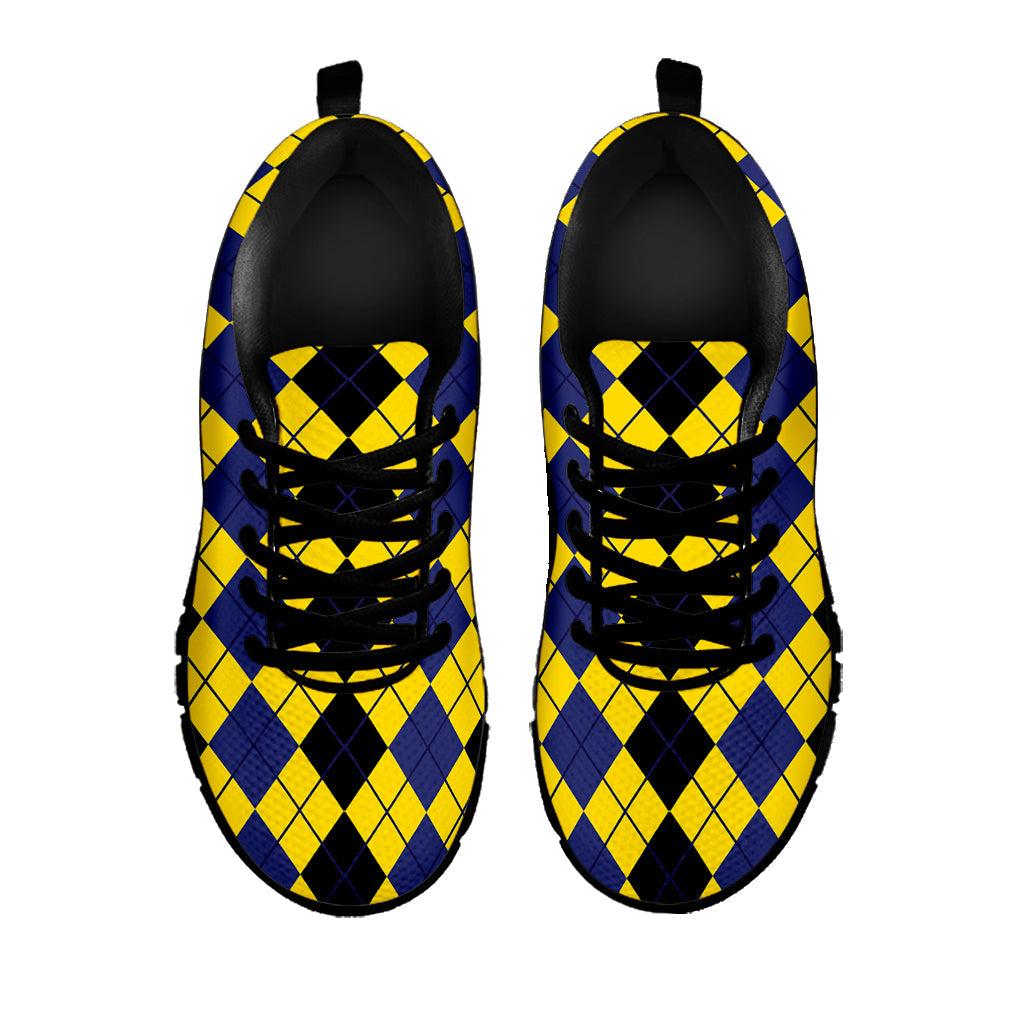Black Blue And Yellow Argyle Print Black Running Shoes