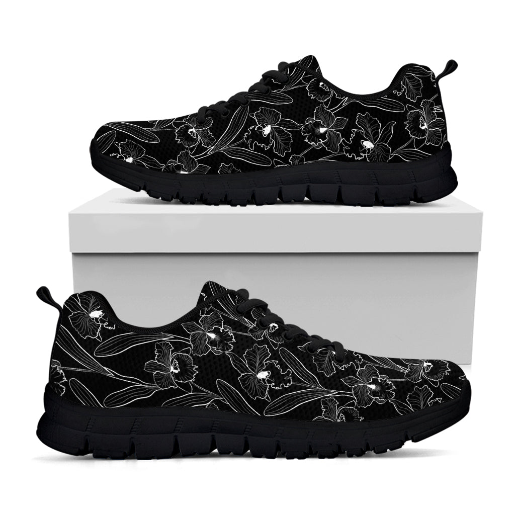 Black Cattleya Flower Pattern Print Black Running Shoes