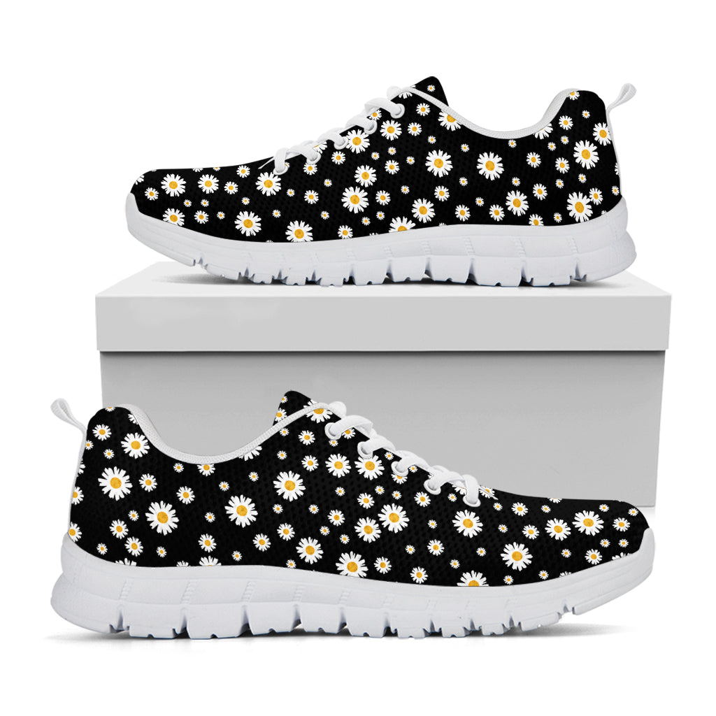 Black Daisy Floral Pattern Print White Running Shoes