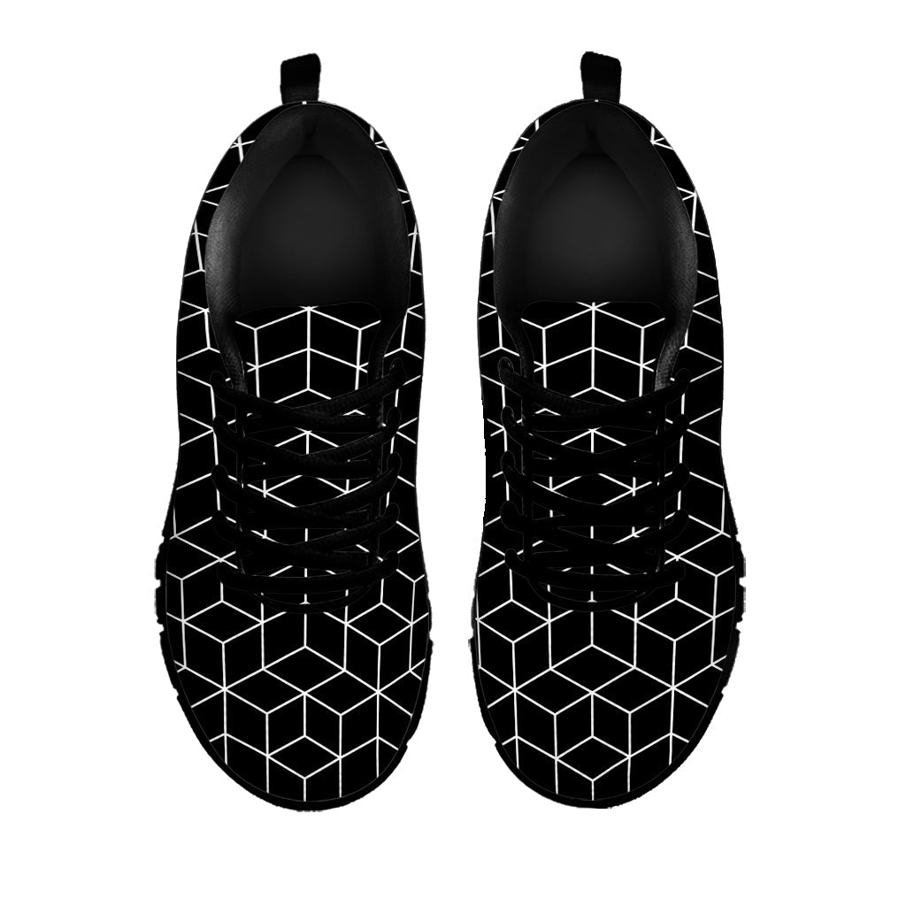 Black Geometric Cube Shape Pattern Print Black Running Shoes