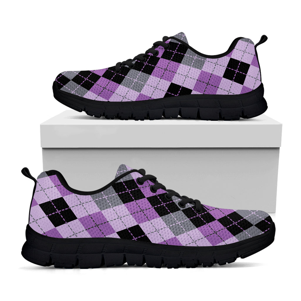 Black Grey And Violet Argyle Print Black Running Shoes