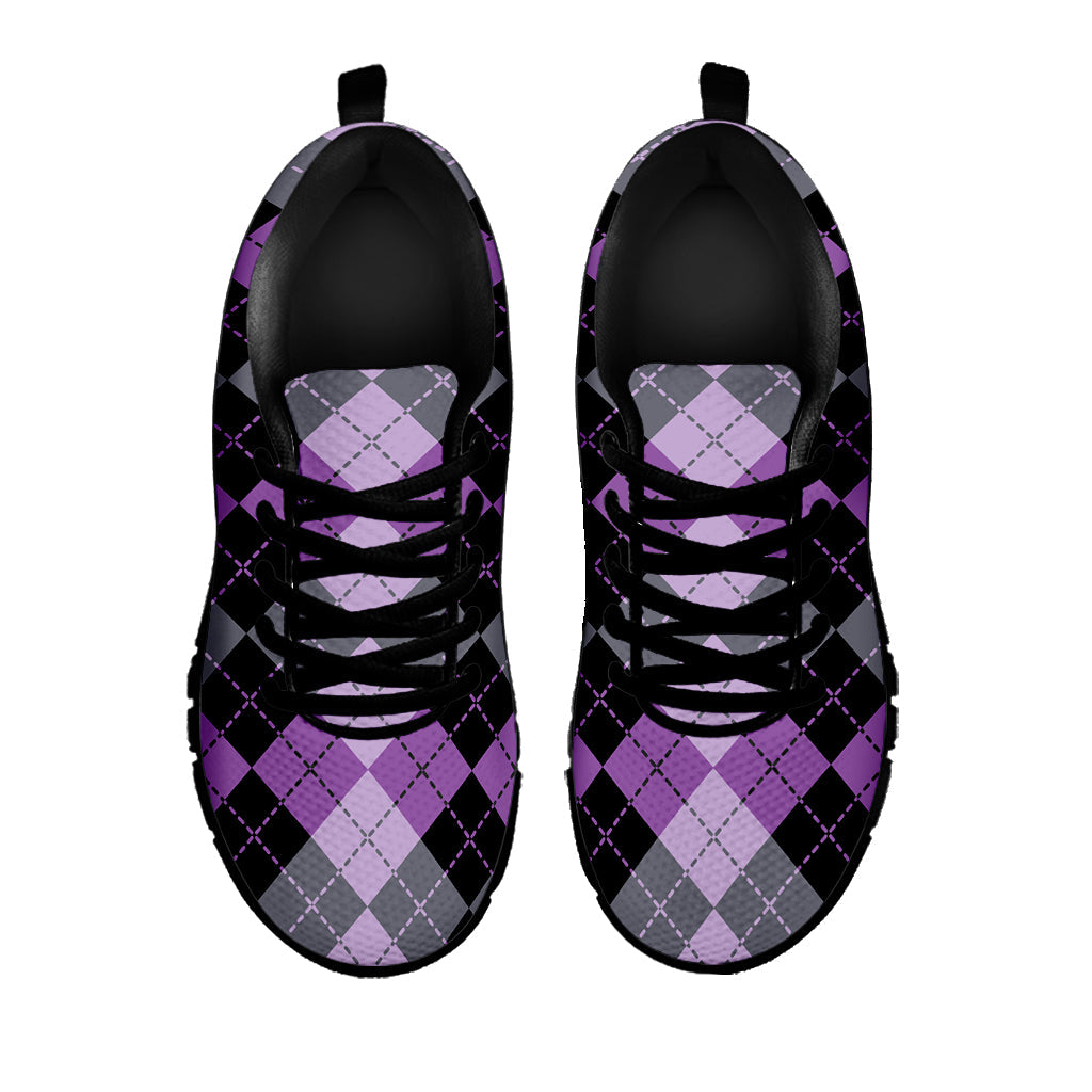 Black Grey And Violet Argyle Print Black Running Shoes