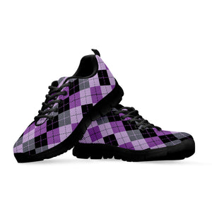 Black Grey And Violet Argyle Print Black Running Shoes