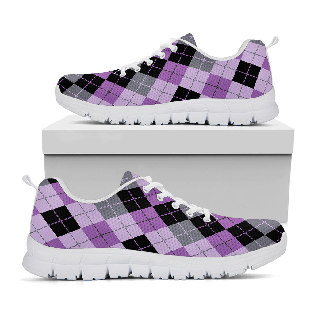 Black Grey And Violet Argyle Print White Running Shoes