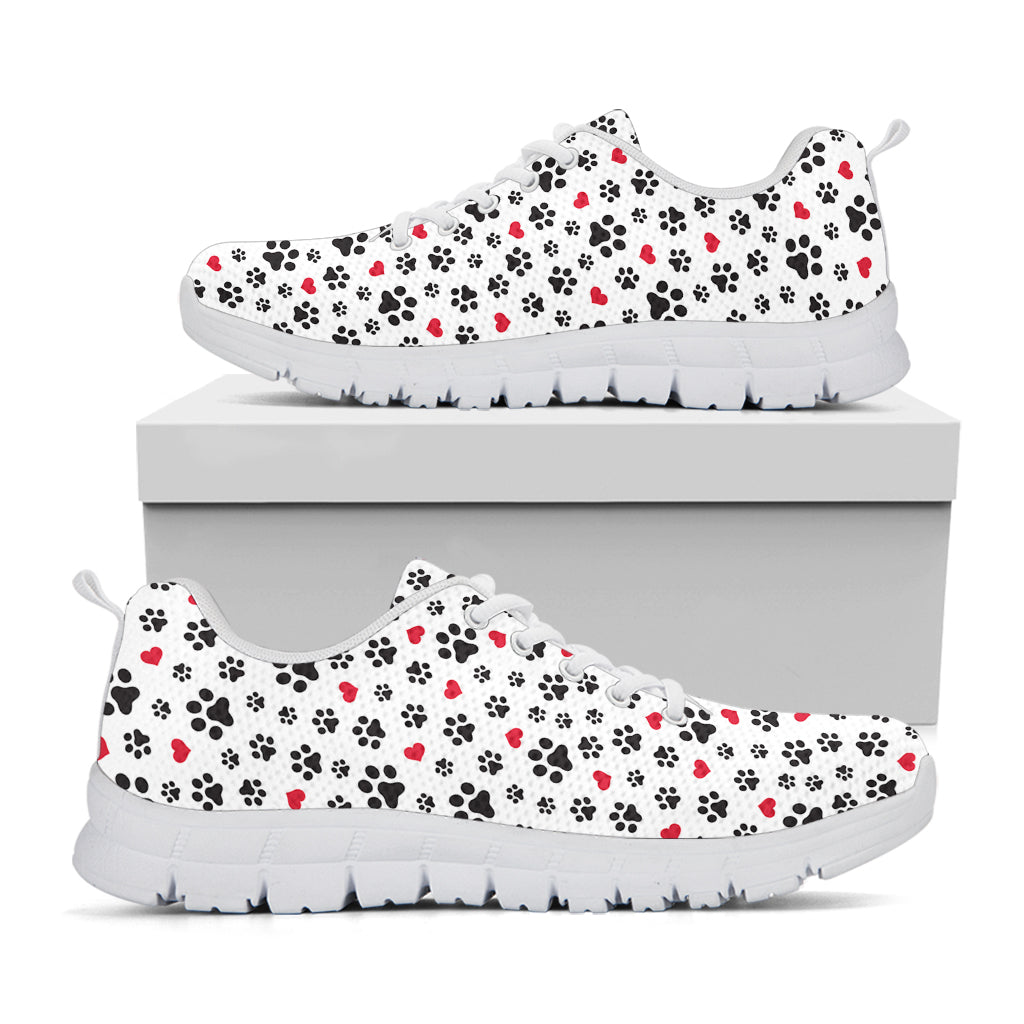 Black Paw And Heart Pattern Print White Running Shoes