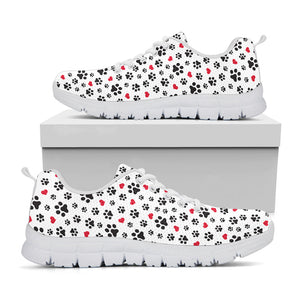 Black Paw And Heart Pattern Print White Running Shoes