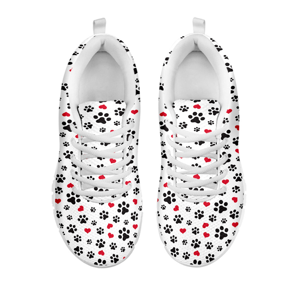 Black Paw And Heart Pattern Print White Running Shoes